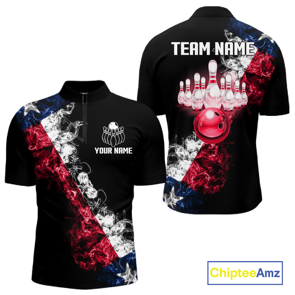 Personalized Smoke Texas Flag Bowling Shirts For Men Custom Patriotic Bowling League Team Jersey TDM7259