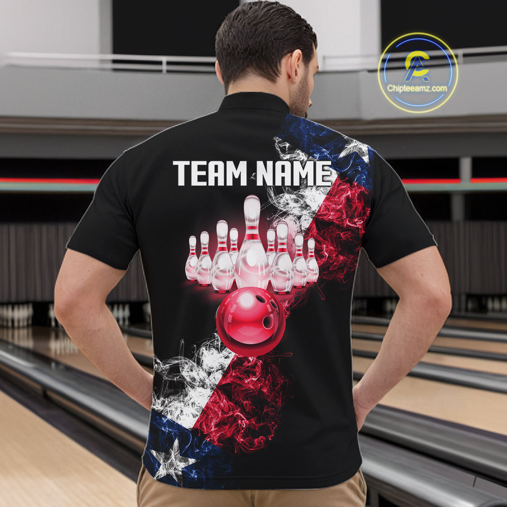 Personalized Smoke Texas Flag Bowling Shirts For Men Custom Patriotic Bowling League Team Jersey TDM7259