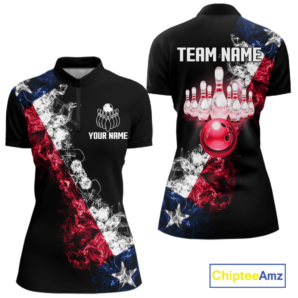 Personalized Smoke Texas Flag Bowling Shirts For Women Custom Patriotic Bowling League Team Jersey TDM7259