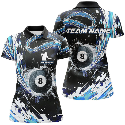 Personalized 8 Ball Billiard Blue Waves 3D All Over Print Polo Shirts For Women, Pool Lover Shirts TDM0112