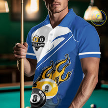 Load image into Gallery viewer, White And Blue 8 Ball &amp; 9 Ball Flame Billiard Shirt For Men Custom Pool Team Jersey Polo &amp; 1/4 Zip TDM6345