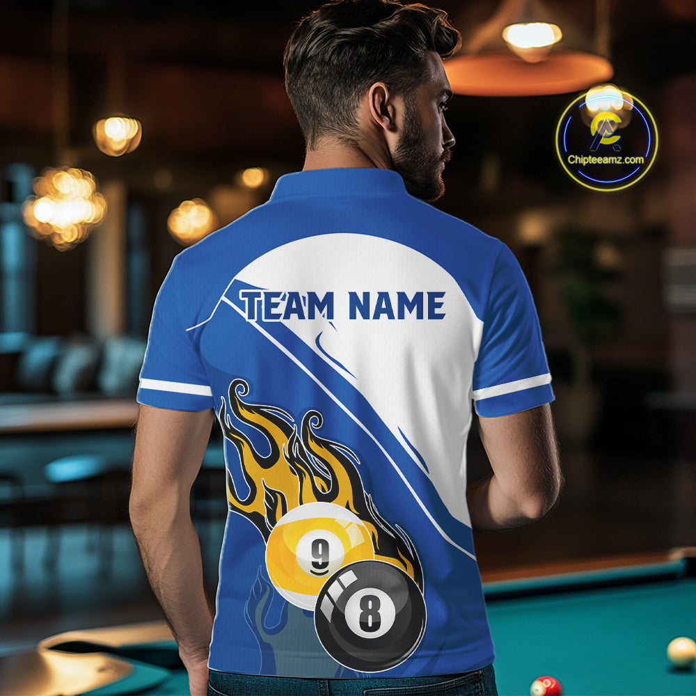 White And Blue 8 Ball & 9 Ball Flame Billiard Shirt For Men Custom Pool Team Jersey Polo & 1/4 Zip TDM6345