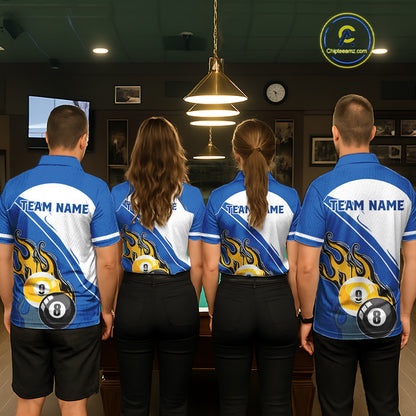 White And Blue 8 Ball & 9 Ball Flame Billiard Shirt For Men Custom Pool Team Jersey Polo & 1/4 Zip TDM6345