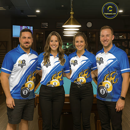 White And Blue 8 Ball & 9 Ball Flame Billiard Shirt For Men Custom Pool Team Jersey Polo & 1/4 Zip TDM6345