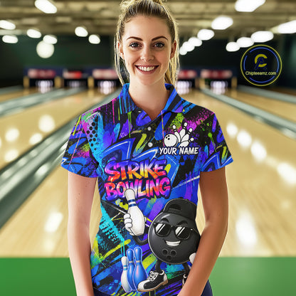 Funny Colorful Graffiti Pattern Bowling Shirts For Women Custom Bowling Team Jersey Polo & 1/4 Zip TDM6528