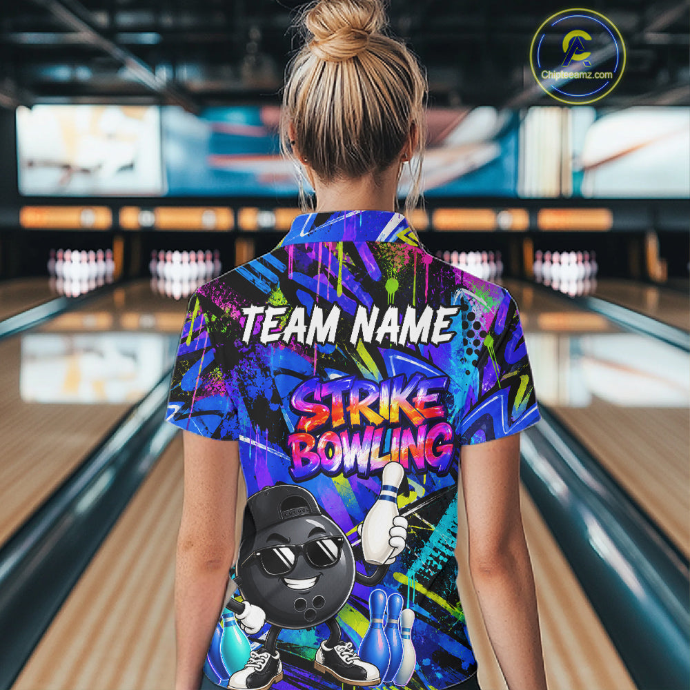 Funny Colorful Graffiti Pattern Bowling Shirts For Women Custom Bowling Team Jersey Polo & 1/4 Zip TDM6528