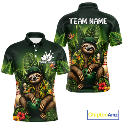 Custom Green Funny Sloth Tropical Bowling Shirts For Men, Bowling Team Jersey Polo & 1/4 Zip TDM6529