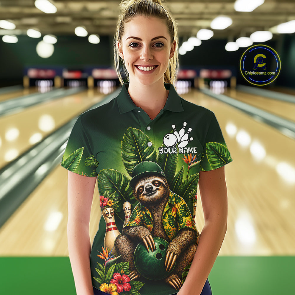 Custom Green Funny Sloth Tropical Bowling Shirts For Women, Bowling Team Jersey Polo & 1/4 Zip TDM6529