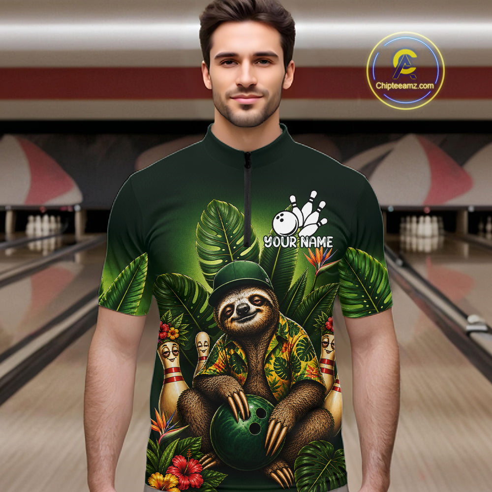 Custom Green Funny Sloth Tropical Bowling Shirts For Men, Bowling Team Jersey Polo & 1/4 Zip TDM6529
