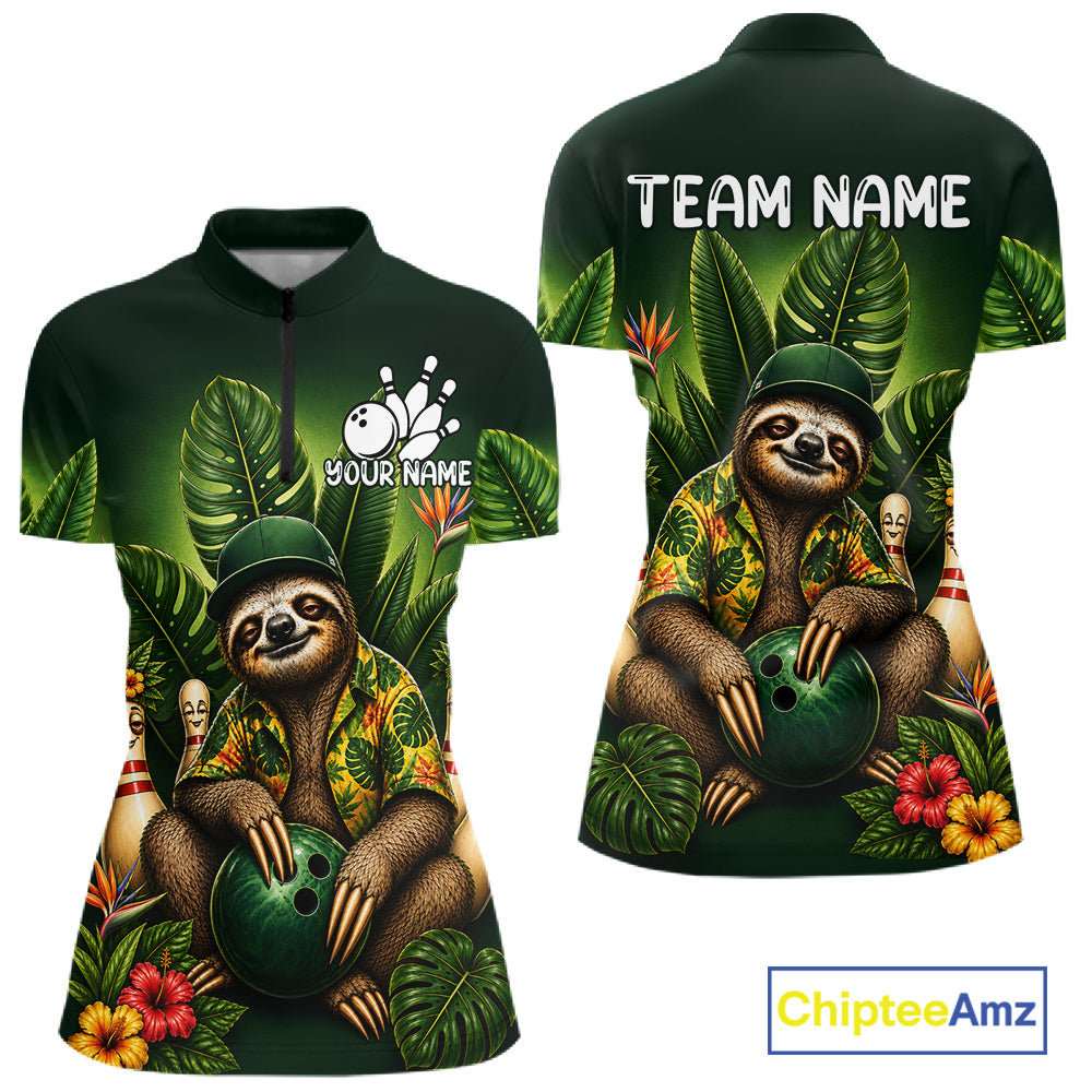 Custom Green Funny Sloth Tropical Bowling Shirts For Women, Bowling Team Jersey Polo & 1/4 Zip TDM6529