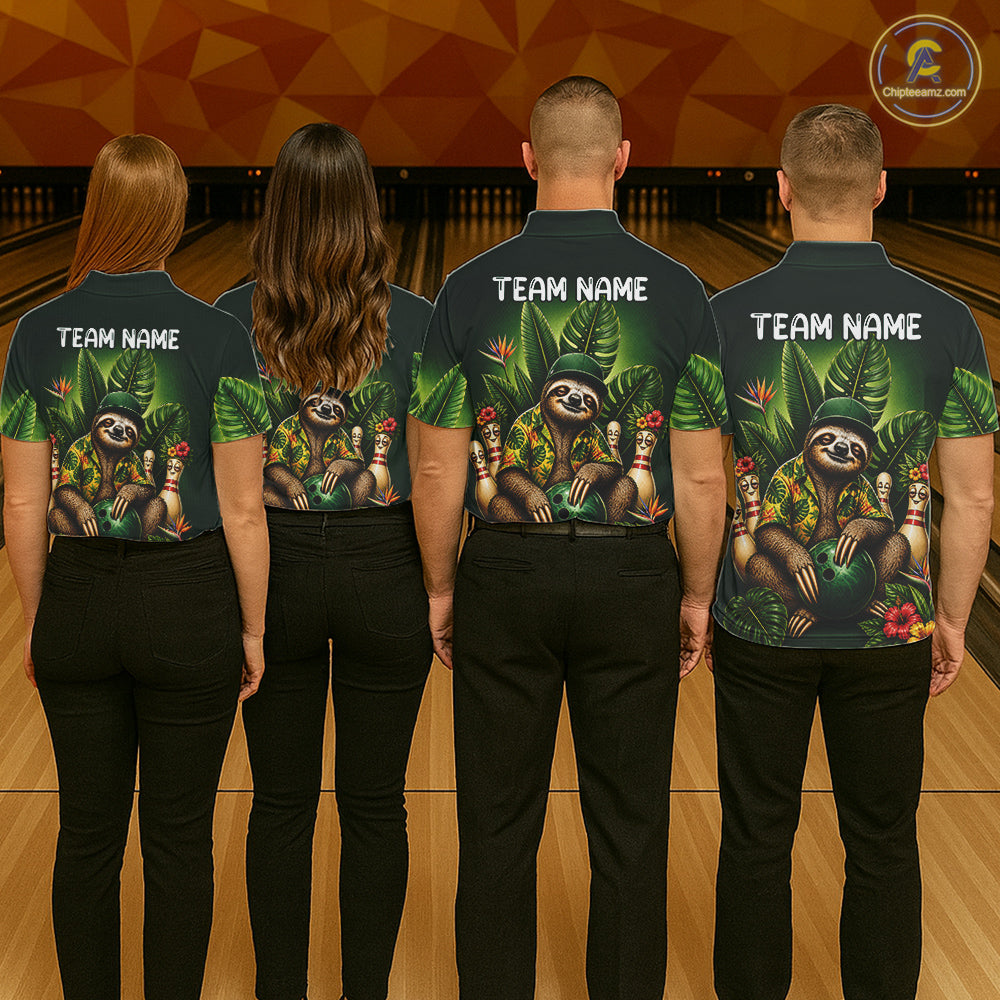 Custom Green Funny Sloth Tropical Bowling Shirts For Men, Bowling Team Jersey Polo & 1/4 Zip TDM6529