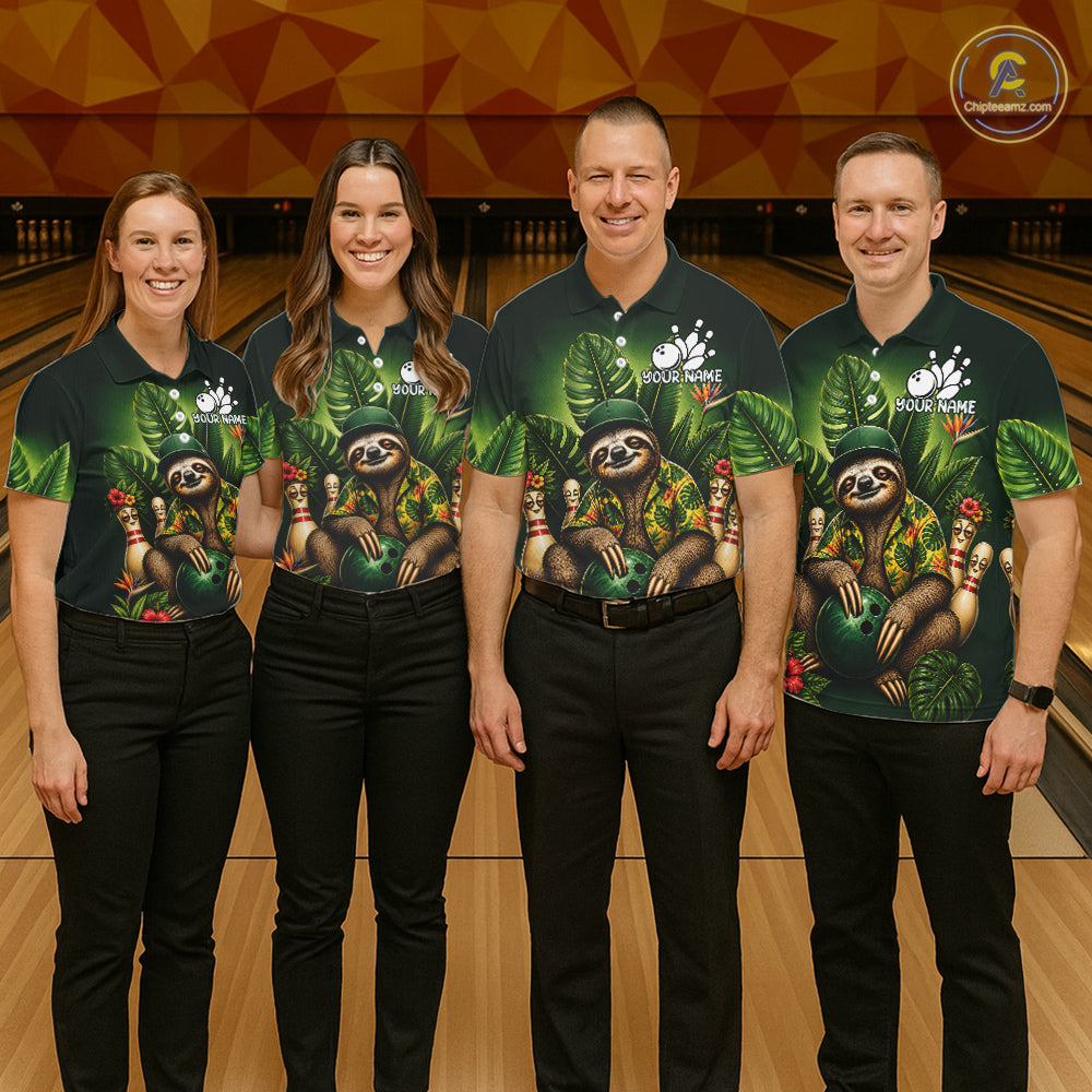 Custom Green Funny Sloth Tropical Bowling Shirts For Men, Bowling Team Jersey Polo & 1/4 Zip TDM6529