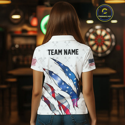Personalized Glowing American Flag Patriotic Dart Shirt For Women, Darts Team Jerseys Polo & 1/4 Zip TDM4594