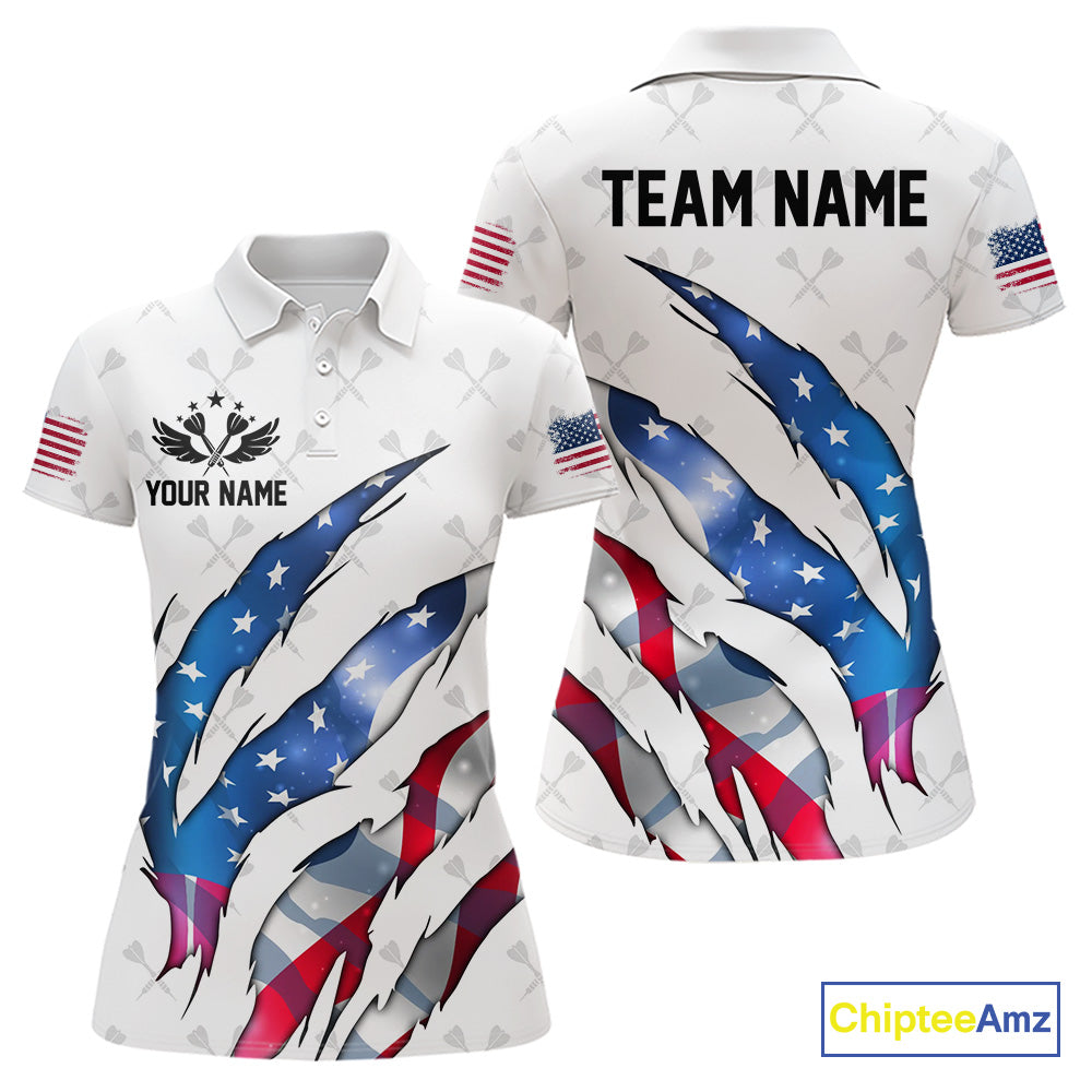 Personalized Glowing American Flag Patriotic Dart Shirt For Women, Darts Team Jerseys Polo & 1/4 Zip TDM4594