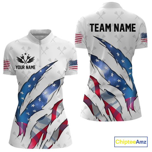 Personalized Glowing American Flag Patriotic Dart Shirt For Women, Darts Team Jerseys Polo & 1/4 Zip TDM4594