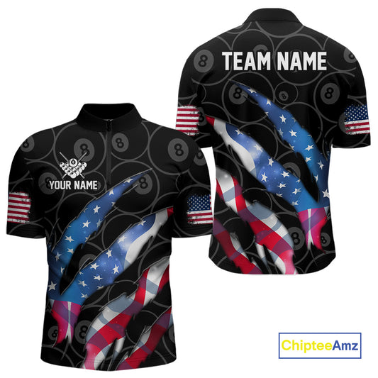 Custom Glowing American Flag 8 Ball Billiard Shirt For Men, Patriotic Billiard Team Jerseys |Black TDM4595