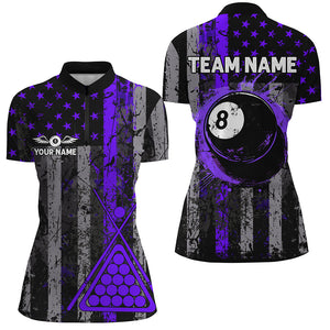 Custom Purple Grunge US Flag Patriotic Women Billiard Shirts, Retro 8 Ball Pool Billiard Team Jersey TDM2752