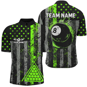 Custom Green Grunge US Flag Patriotic Men Billiard Shirts, Retro 8 Ball Pool Billiard Team Jersey TDM2751