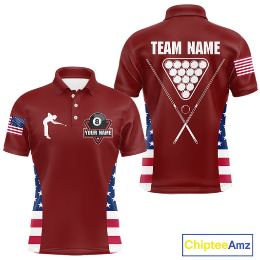 Personalized US Flag 8 Ball Pool Billiard Shirt For Men, Billiard Team Jersey Polo & 1/4 Zip |Red TDM5477