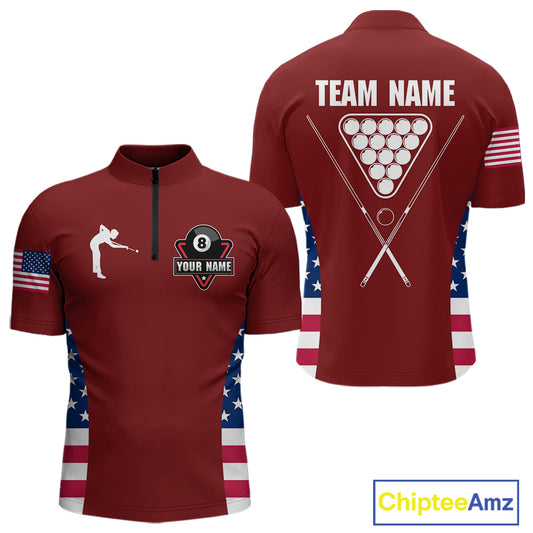 Personalized US Flag 8 Ball Pool Billiard Shirt For Men, Billiard Team Jersey Polo & 1/4 Zip |Red TDM5477