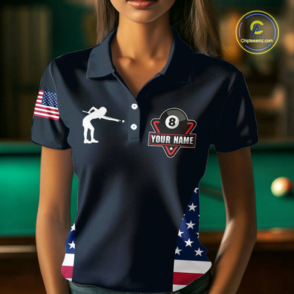 Custom US Flag 8 Ball Pool Billiard Shirt For Women, Billiard Team Jersey Polo & 1/4 Zip |Navy Blue TDM5478