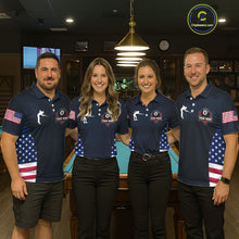 Load image into Gallery viewer, Custom US Flag 8 Ball Pool Billiard Shirt For Women, Billiard Team Jersey Polo &amp; 1/4 Zip |Navy Blue TDM5478