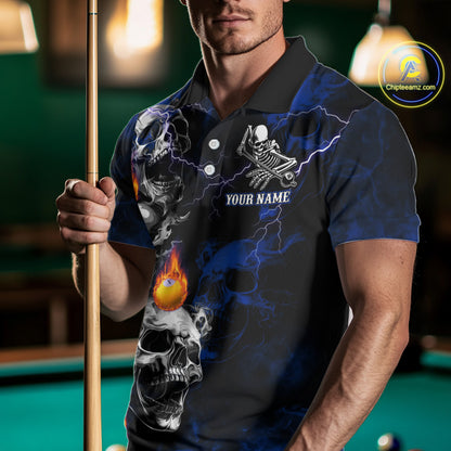 Personalized Smoke Skull Blue Billiard Shirts For Men, Grim Reaper Pool Jersey Team Polo & 1/4 Zip TDM5934