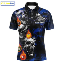 Load image into Gallery viewer, Personalized Smoke Skull Blue Billiard Shirts For Men, Grim Reaper Pool Jersey Team Polo &amp; 1/4 Zip TDM5934