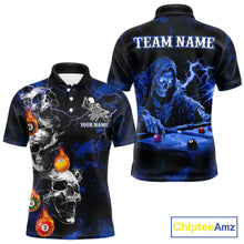 Load image into Gallery viewer, Personalized Smoke Skull Blue Billiard Shirts For Men, Grim Reaper Pool Jersey Team Polo &amp; 1/4 Zip TDM5934