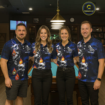 Personalized Smoke Skull Blue Billiard Shirts For Men, Grim Reaper Pool Jersey Team Polo & 1/4 Zip TDM5934