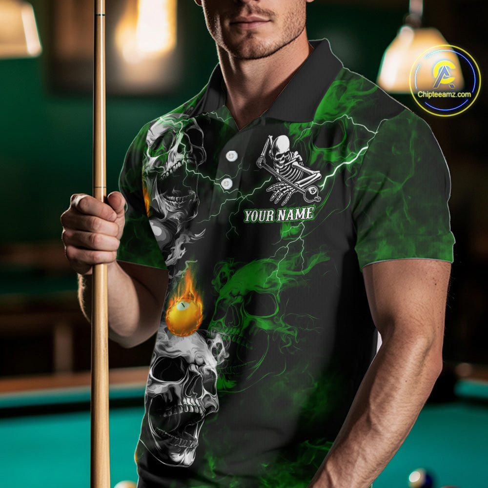 Personalized Smoke Skull Green Billiard Shirts For Men, Grim Reaper Pool Jersey Team Polo, 1/4 Zip TDM5935