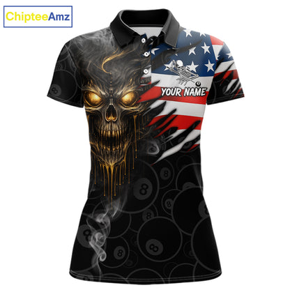 Billiard Skull 8 Ball Crown US Flag Polo & 1/4 Zip Pool Team Shirt For Women Custom Billiard Jersey TDM6353