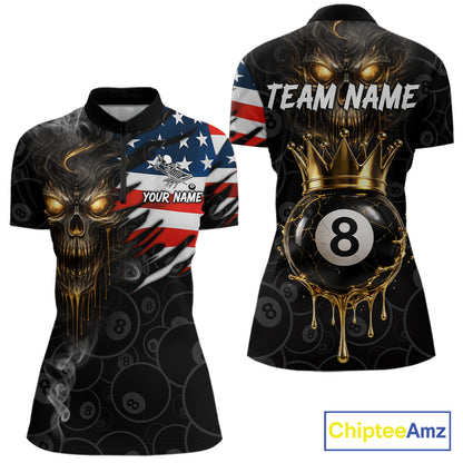 Billiard Skull 8 Ball Crown US Flag Polo & 1/4 Zip Pool Team Shirt For Women Custom Billiard Jersey TDM6353