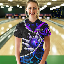 Load image into Gallery viewer, Neon Purple Blue Tribal Bowling Shirts For Women Custom Bowling Team Jersey Polo &amp; Quarter Zip TDM6105