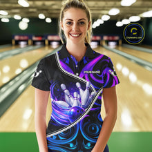 Load image into Gallery viewer, Custom Neon Purple Blue Tribal Bowling Shirts For Women, Bowling Team Jersey Polo &amp; Quarter Zip TDM6106