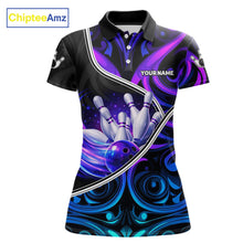 Load image into Gallery viewer, Custom Neon Purple Blue Tribal Bowling Shirts For Women, Bowling Team Jersey Polo &amp; Quarter Zip TDM6106