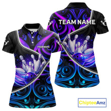 Load image into Gallery viewer, Custom Neon Purple Blue Tribal Bowling Shirts For Women, Bowling Team Jersey Polo &amp; Quarter Zip TDM6106