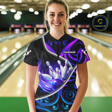 Load image into Gallery viewer, Custom Neon Purple Blue Tribal Bowling Shirts For Women, Bowling Team Jersey Polo &amp; Quarter Zip TDM6106