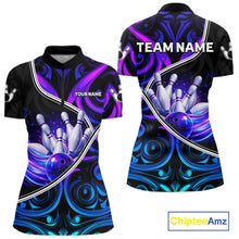 Load image into Gallery viewer, Custom Neon Purple Blue Tribal Bowling Shirts For Women, Bowling Team Jersey Polo &amp; Quarter Zip TDM6106