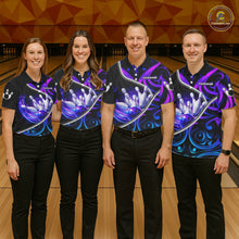 Load image into Gallery viewer, Custom Neon Purple Blue Tribal Bowling Shirts For Women, Bowling Team Jersey Polo &amp; Quarter Zip TDM6106
