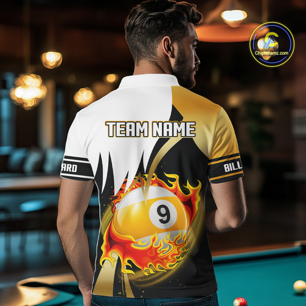 Custom Flame 8 Ball & 9 Ball Billiard Shirt For Men, Pool Team Jersey Polo & Quarter Zip |Gold TDM6539