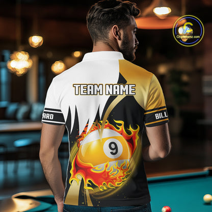 Custom Flame 8 Ball & 9 Ball Billiard Shirt For Men, Pool Team Jersey Polo & Quarter Zip |Gold TDM6539