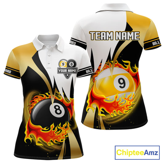 Custom Flame 8 Ball & 9 Ball Billiard Shirt For Women, Pool Team Jersey Polo & Quarter Zip |Gold TDM6539