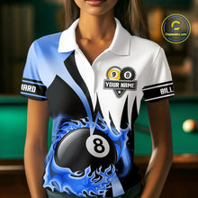Load image into Gallery viewer, Custom Flame 8 Ball &amp; 9 Ball Billiard Shirt For Women, Pool Team Jersey Polo &amp; Quarter Zip |Blue TDM6540