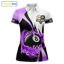 Load image into Gallery viewer, Custom Flame 8 Ball &amp; 9 Ball Billiard Shirt For Women, Pool Team Jersey Polo &amp; Quarter Zip |Purple TDM6541
