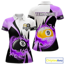 Load image into Gallery viewer, Custom Flame 8 Ball &amp; 9 Ball Billiard Shirt For Women, Pool Team Jersey Polo &amp; Quarter Zip |Purple TDM6541