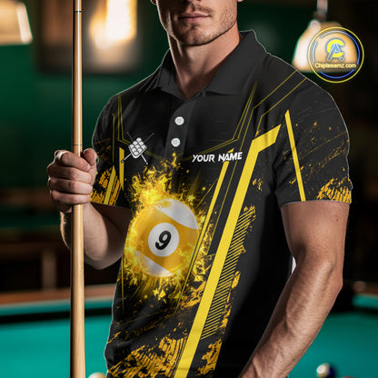 Man Wearing Yellow and Black Grunge 9 Ball Personalized Billiard Polo Shirt with Modern Athletic Fit and Competitive League Style, Front View