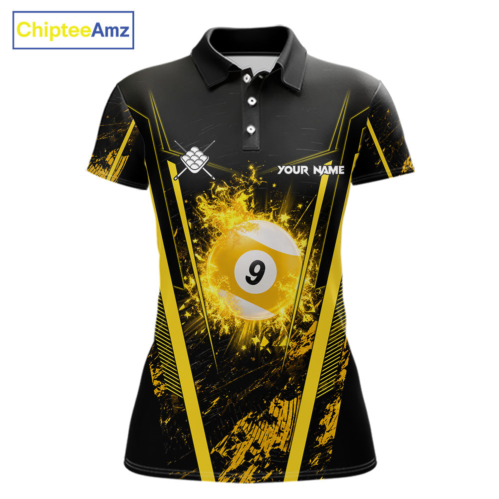 Custom Yellow and Black Grunge 9 Ball Pool Polo Shirt Designed for Personalized Women's Billiard Team Jerseys and Tournament Events