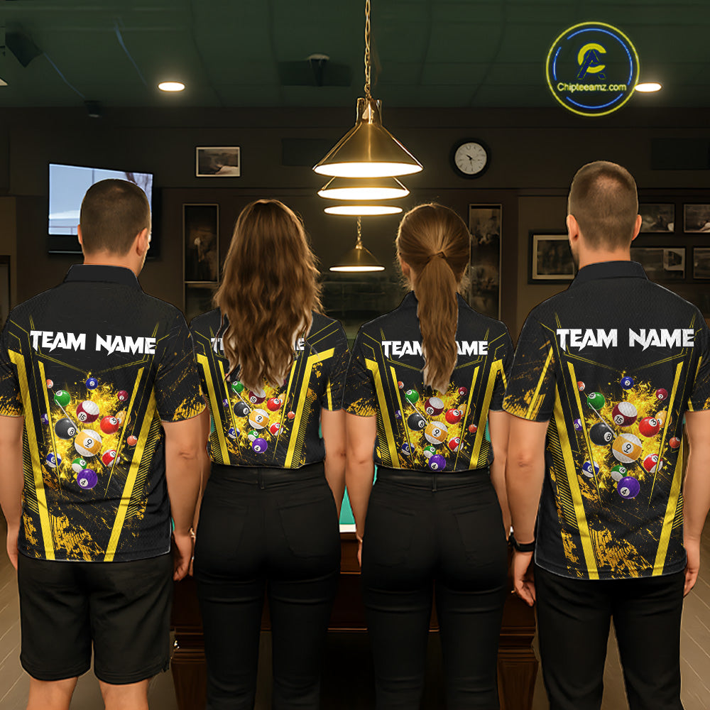 Pool Team Wearing Yellow and Black Grunge 9 Ball Custom Billiard Team Jerseys Featuring the Complete Back Artwork, Back View