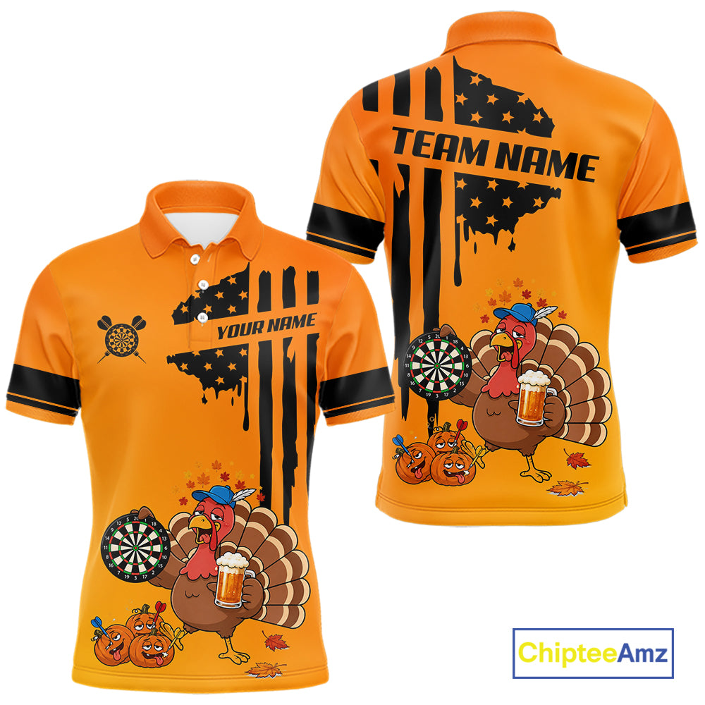 Custom Orange Funny Drunk Turkey US Flag Darts Jerseys For Men, Thanksgiving Darts Team Shirts TDM7279